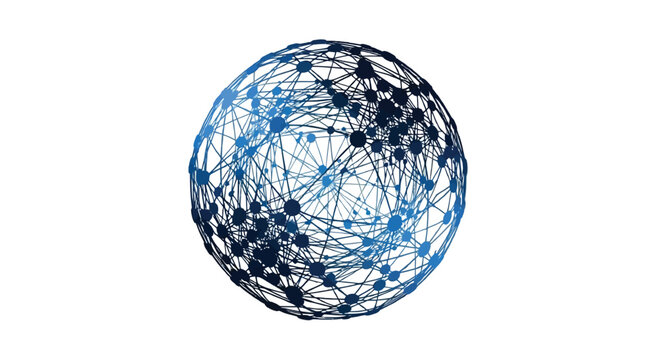 Abstract blue network sphere with connected nodes and lines on a white background representing global connectivity and technology