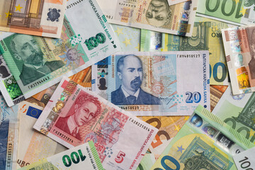 Bulgarian Leva and Euro Banknotes Scattered Full Frame Background