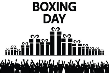 A large crowd cheers below a silhouette of many gift boxes on Boxing Day.