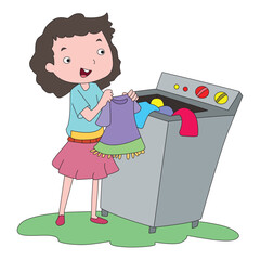 A Cheerful Girl Washing Colorful Clothes