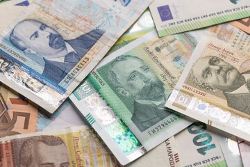 Bulgarian Leva and Euro Banknotes Scattered Full Frame Background