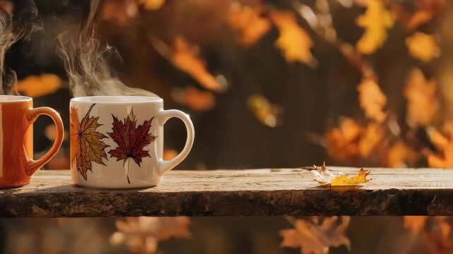 Three Steaming Coffee Mugs Arranged On A Rustic Wooden Surface With Blurred Autumnal Background Warm Lighting
