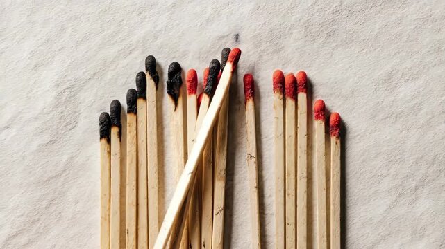 Burnt and unlit matches on textured surface, perspective composition
