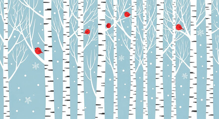Winter birch tree with red cardinal bird and snowflake on blue background