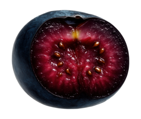 Cross-section of a blueberry showing its juicy dark flesh and tiny seeds.