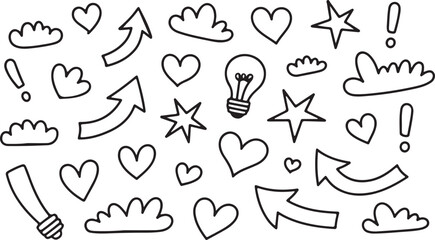 Doodle Line Art Elements Black and White Hand Drawn Arrows, Hearts, Stars, and Light Bulb Illustration 