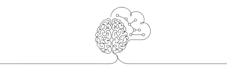Continuous one line drawing of a brain with a cloud and network connections. Concept of cloud computing and AI