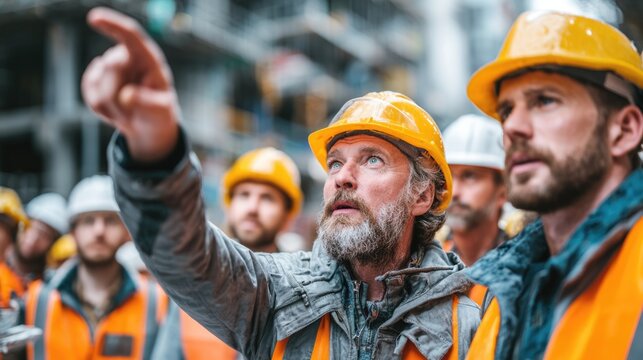 Construction team meeting at building site with professionals in hard hats discussing project details and plans, demonstrating teamwork and leadership