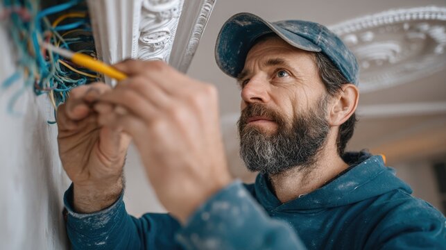 Skilled electrician working diligently on wall wiring, showcasing attention to detail and craftsmanship in modern home renovation project. - Powered by Adobe