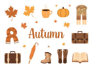 Autumn-themed stickers and illustrations featuring pumpkins, leaves, scarves, and accessories for seasonal designs