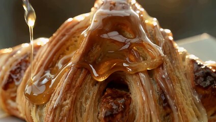 Golden cinnamon roll pastry close up showcasing flaky layer texture and warm caramel glaze - Powered by Adobe
