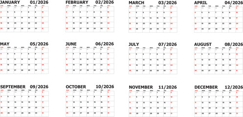 A collection of monthly calendars for the year 2026, featuring a clean and organized layout with days of the week and dates clearly marked. Perfect for planning and scheduling events.