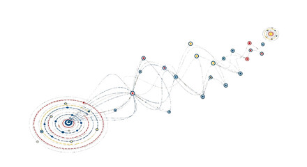 Fototapeta premium Dynamic Network Connection Diagram: Abstract Data Flow and System Progression with Interconnected Nodes on White