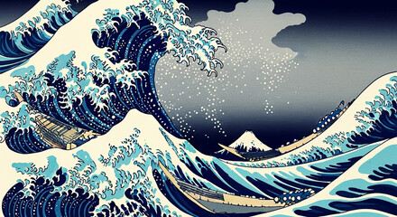 The great wave off kanagawa, a woodblock print by hokusai, vintage art