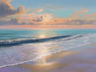 Painting of Tranquil Ocean Waves at Sunset with Golden Light Reflecting on Turquoise Water and Sandy Beach Under Softly Clouded Sky