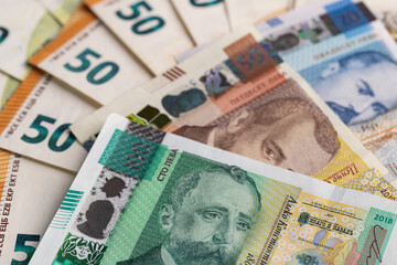Bulgarian Leva and Euro Banknotes Scattered Full Frame Background