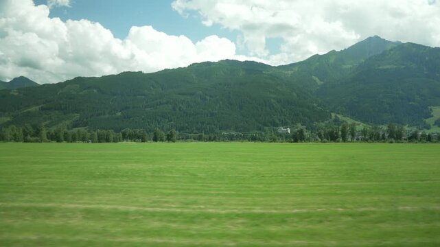 View from train from Mittersill to Zell am See on a sunny day, Zell am See, Salzburg, Pinzgau Region, Austria, Europe