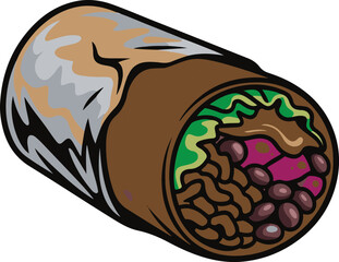 Cartoon burrito with beans lettuce and purple filling food mexican vector illustration EPS file download.
