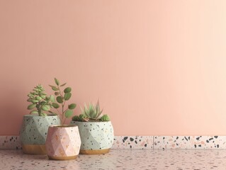 Modern Indoor Plant Display Pale Pink Wall Terrazzo Floor Potted Succulents Minimalist Home Decor