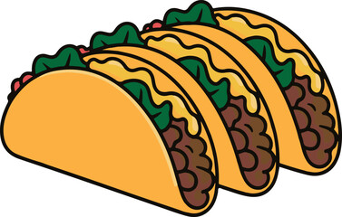 Three stylized tacos with yellow shells and brown filling food mexican vector illustration EPS file download.
