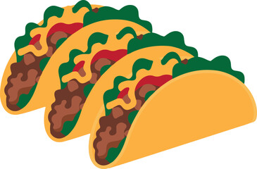Three stylized tacos with meat lettuce cheese and red sauce food mexican vector illustration EPS file download.
