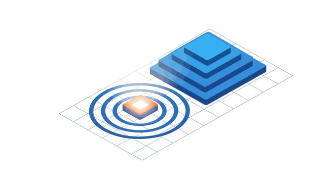 Abstract Isometric Pyramid Structure and Glowing Central Data Point on a Grid for Technology Architecture and Strategy