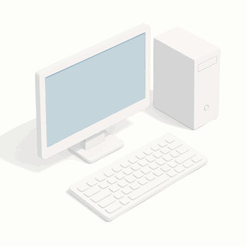 desktop computer setup with monitor, keyboard, and tower case on a white background. Isometric Generative ai vector colorful illustration.
