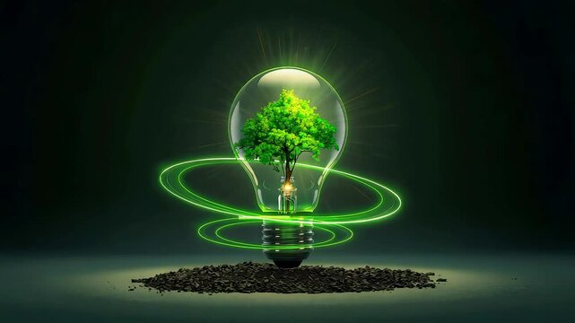 Glowing light bulb with green tree inside and swirling energy waves on dark soil base
