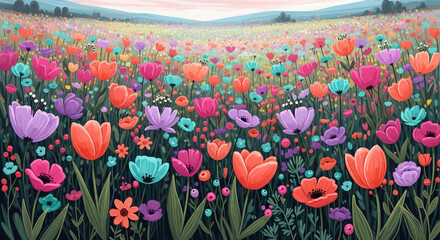 Colorful flower field with tulips and wildflowers in the meadow landscape