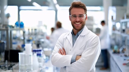 A man in a white lab coat and glasses stands confidently in a laboratory setting, his arms crossed. The lab is welllit, with a blurred background that suggests a sterile environment.