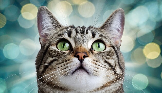 Close-up of a tabby cat with green eyes looking up against bokeh background