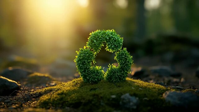 Green foliage recycle symbol on mossy rock under golden sunrise light in misty forest