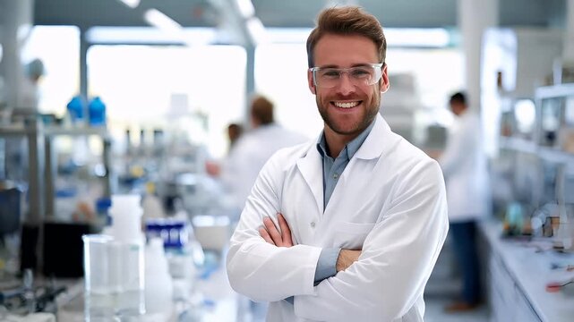 A man in a white lab coat and glasses stands confidently in a laboratory setting, his arms crossed. The lab is welllit, with a blurred background that suggests a sterile environment.