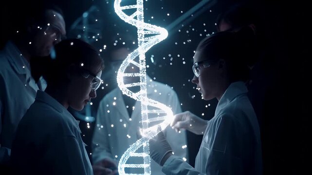 scientists examining a digital representation of a DNA strand in a laboratory setting. The scene is illuminated with a cool blue hue, highlighting the intricate details of the DNA molecule. - Powered by Adobe