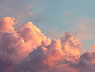 Golden Hour Cloudscape, Luminous Orange Pink Clouds Blue Green Sky, Warm Sunlight Glow, Serene Atmospheric Nature Landscape