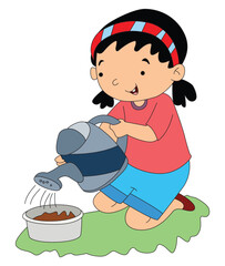 Little Girl Watering Her Garden Pot