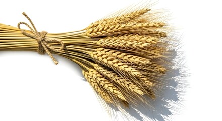 A close-up of a bundle of golden wheat ears tied with a natural rope, isolated on a white background. The image represents agriculture, harvest, and organic farming, symbolizing abundance
