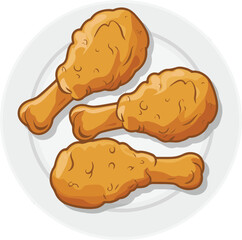 Three golden brown fried chicken drumsticks on white plate food meal vector illustration EPS file download.
