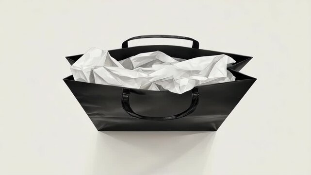 Black paper shopping bag filled with white crumpled paper, on white