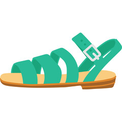 A single turquoise sandal with a buckle strap rests on a light brown sole with a transparent background showcasing summer footwear.