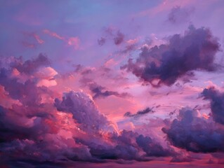 Vibrant Twilight Sky Cotton Candy Hues Dreamy Sunset Cloudscape Calm Evening Horizon Lavender and Fuchsia Cloud Formations Tranquil Dusk Atmosphere Serene Nature Backdrop