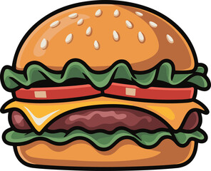 Cartoon hamburger with sesame seed bun lettuce tomato and cheese food fast vector illustration EPS file download.
