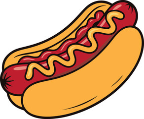Red sausage hot dog with yellow mustard and red ketchup in bun vector illustration EPS file download.
