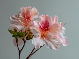 Delicate Light Pink Azalea Flowers with Spotted Petals, Softly Lit Floral Still Life, Detailed Bloom Photography against a Neutral Gray Background