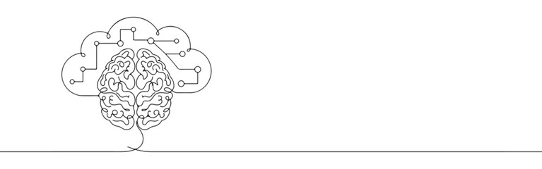 Continuous one line drawing of a brain with a cloud and network connections. Concept of cloud computing and AI