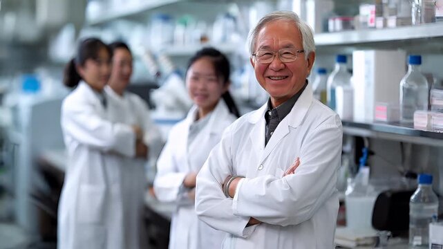 A portrait of a scientist in a laboratory setting. The scientist is wearing a white lab coat and has a confident posture with arms crossed.