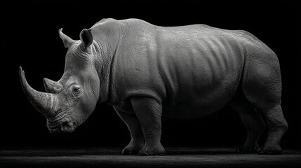 Fototapeta premium Monochrome image of a rhinoceros standing against a dark background in profile view