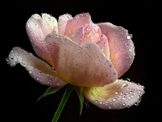 Macro closeup of delicate pink rose petals covered in fresh dew drops against a stark black background, highlighting natural beauty and exquisite detail