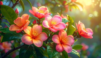 Obraz premium Close-up of vibrant, blooming flowers with pink and orange petals, vibrant green leaves, and sunlight