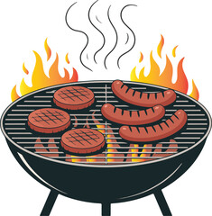 Barbecue grill with burgers sausages and flames cooking food vector illustration EPS file download.

